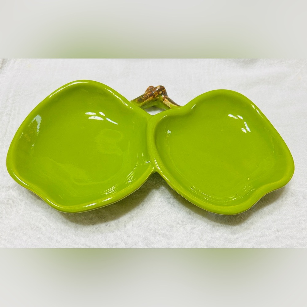 Pottery, USA brand, double green apples trinket dish.  Marked on bottom.